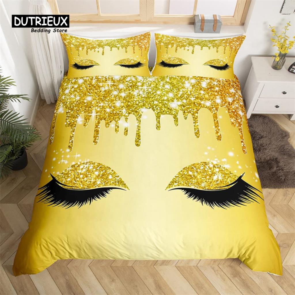 Eyelash Duvet Cover Set Eyes Pattern Design Comforter Cover Microfiber Girly Priness Style Glitter Twin King Queen Bedding Set
