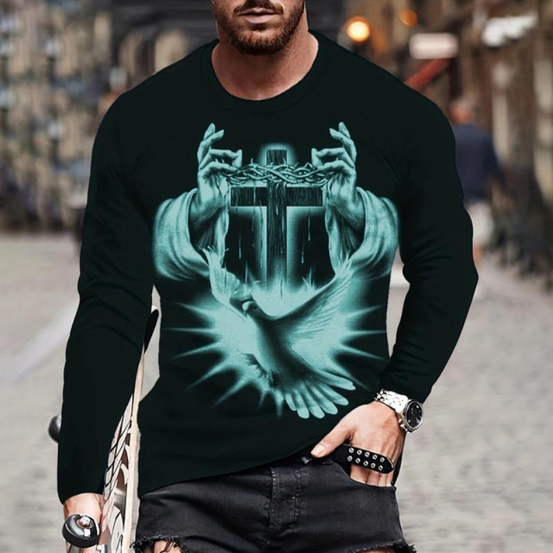 Mens T Shirt Autumn Long Sleeve Top Lion Pattern Clothing Casual O Neck Oversized Cross Print Pullover Autumn Mens T Shirt