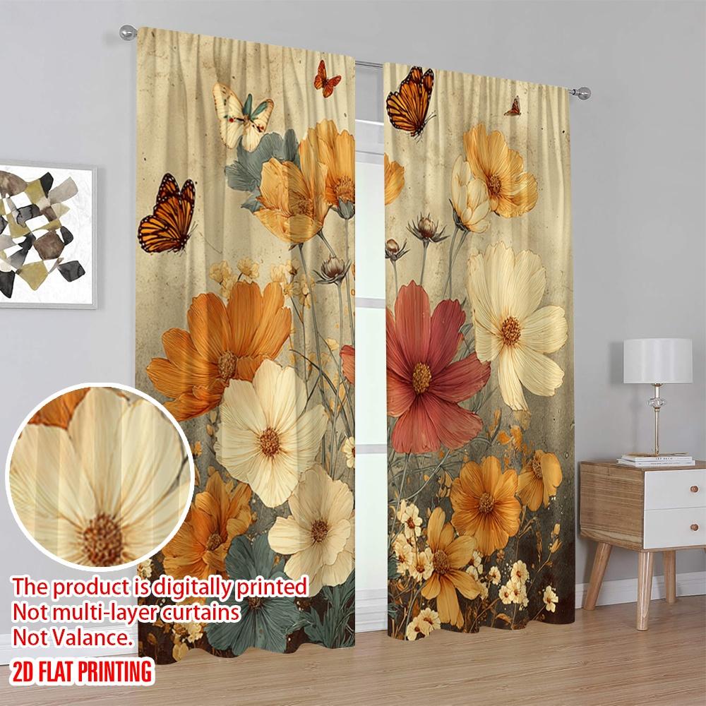 2pcs,2D Plane Printing Curtain Popular Butterfly Blooms Polyester Easy Install (without Rod) Holiday Ldeal for Living Room,