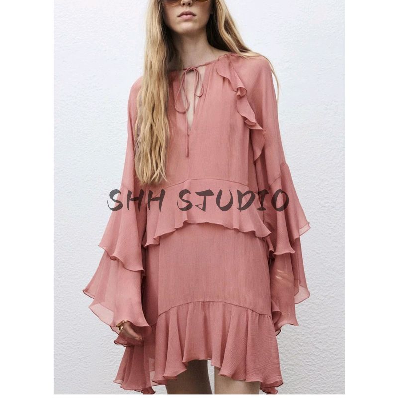 Fall New Women's Clothing French Style Loose Design Series Lead Bell Sleeve Ruffles Dress 17094446