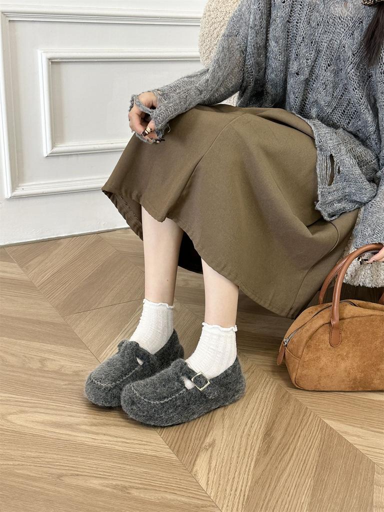 2025 Autumn and Winter New Round Head Belt Buckle Velvet Thick-soled Fringed Soft-soled Warm Women's Single Shoes