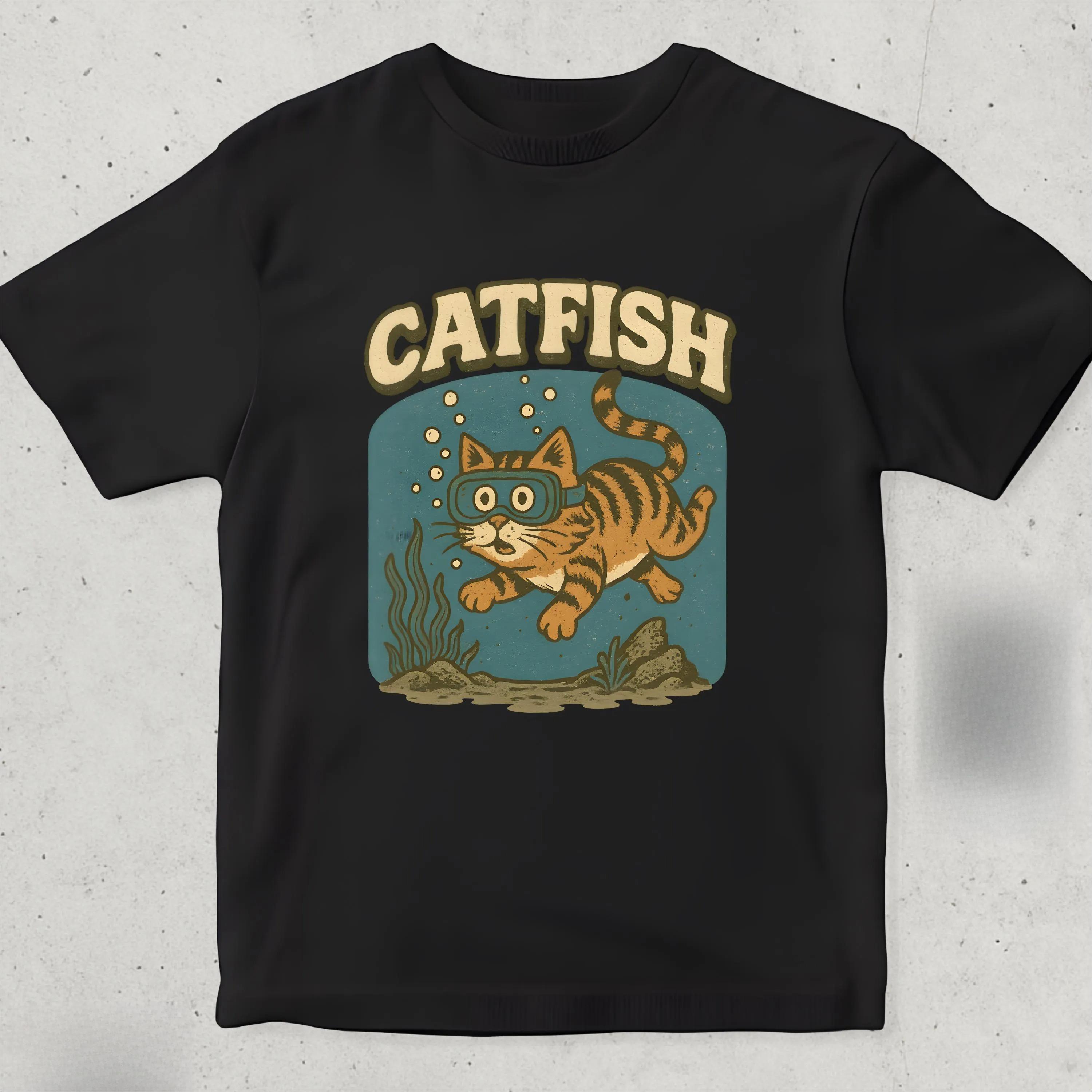

Забавная футболка с сомом и графикой кота-дайвера / Милая ретро футболка с каламбуром про животных для любителей кошек / Юмористическая винтажная футболка с котом 4XL