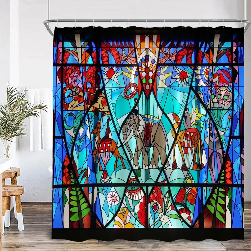 Stained Glass Garden Shower Curtain Butterfly Flowers Church Colored Painting Glass Wall Art Bath Curtain Aesthetic Bath Curta
