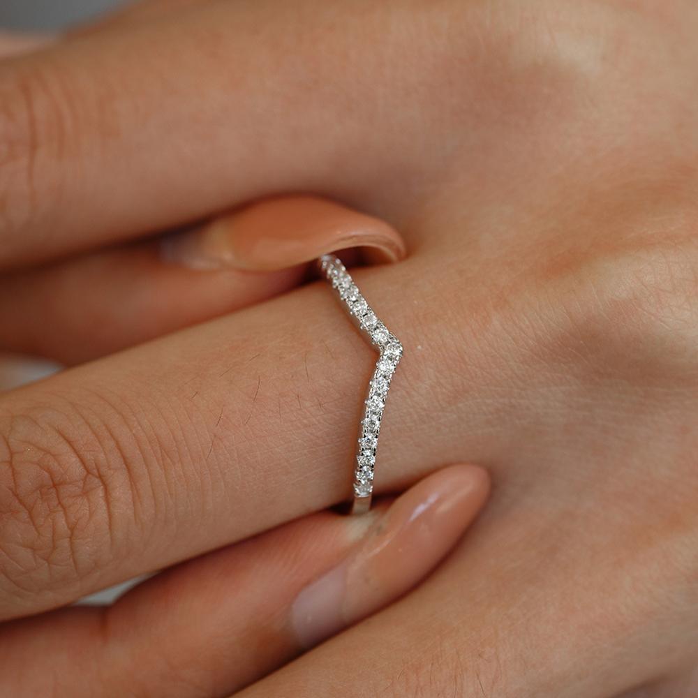 1.2mm Moissanite Curved Stacking Wedding Band V Shape Chevron Ring for Women   CopperHalf Eternity Band Jewelry Gift