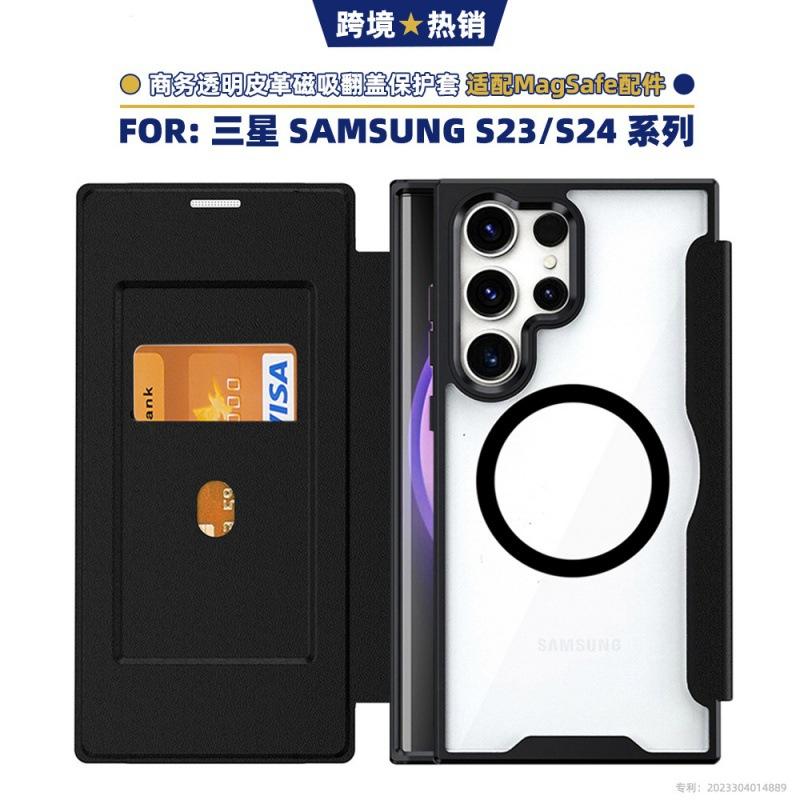 S24 Ultra Flip Lederhülle für Samsung und iPhone 16 ProMax, Transparente magnetische Handyhülle mit MagSafe