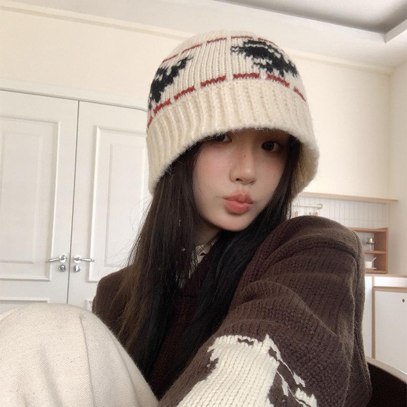 

Ретро вязаная шапка женская осенне-зимняя универсальная для маленького лица шерстяная шляпа-ведро утолщенная холодостойкая теплая шапка