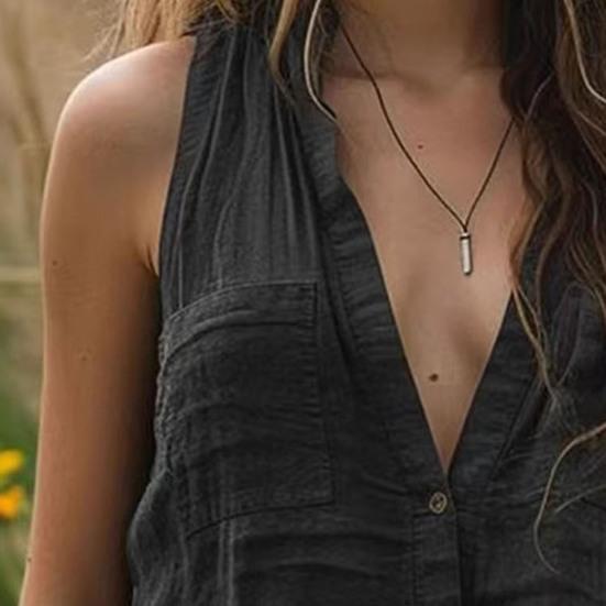 Women Summer Shirt Stand Collar V-Neck Sleeveless Buttons Placket Shirt Tops Solid Color Casual Shirt