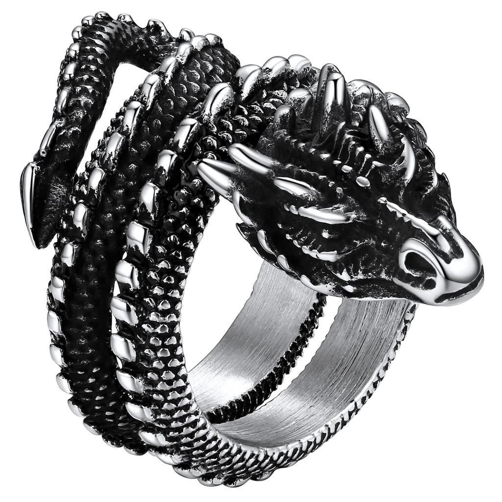 Anelli a Drago U7 in Acciaio Inossidabile per Uomo Donna Nero Retrò Colore Oro 14K Anelli Avvolti Drago Animale Vivace Gioielli Cool Regalo