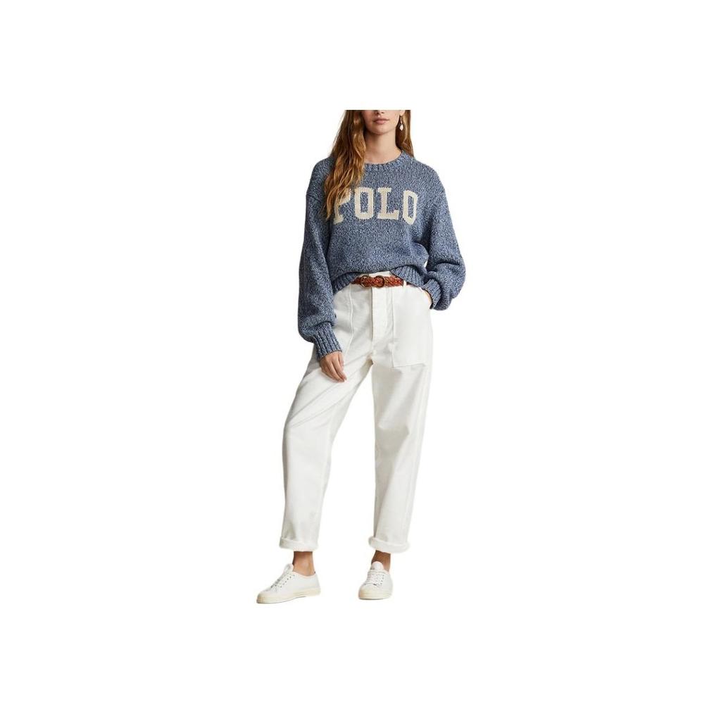 Polo Ralph Lauren SS24 Letter Embroidered Long Sleeve Crew Neck Loose Knit Sweater Women sweater Blue WMPOSWENC020871-999