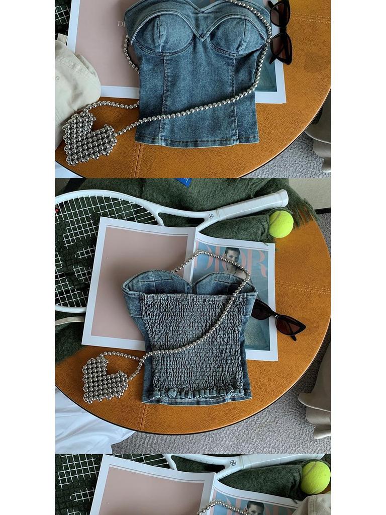 Spicy Girl Retro Denim Bandeau: Summer 2025 Sweet & Cool One-Shoulder Crop Top