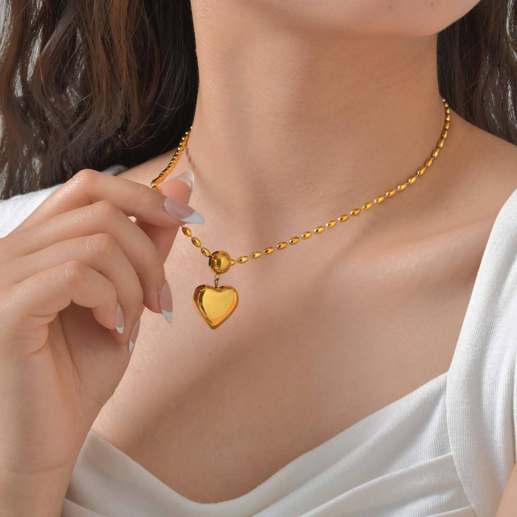 Schmuck Damenmode Edelstahl Hohlherz Reiskorn Gold Halskette
