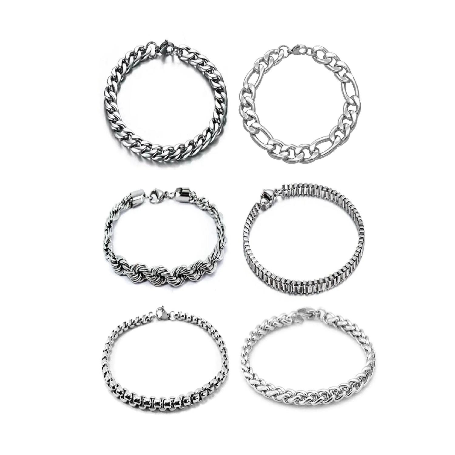 

Набор из 6 браслетов Гурмет, Фигаро, Оже, Куб, Вязаный и Ангелус серебряный