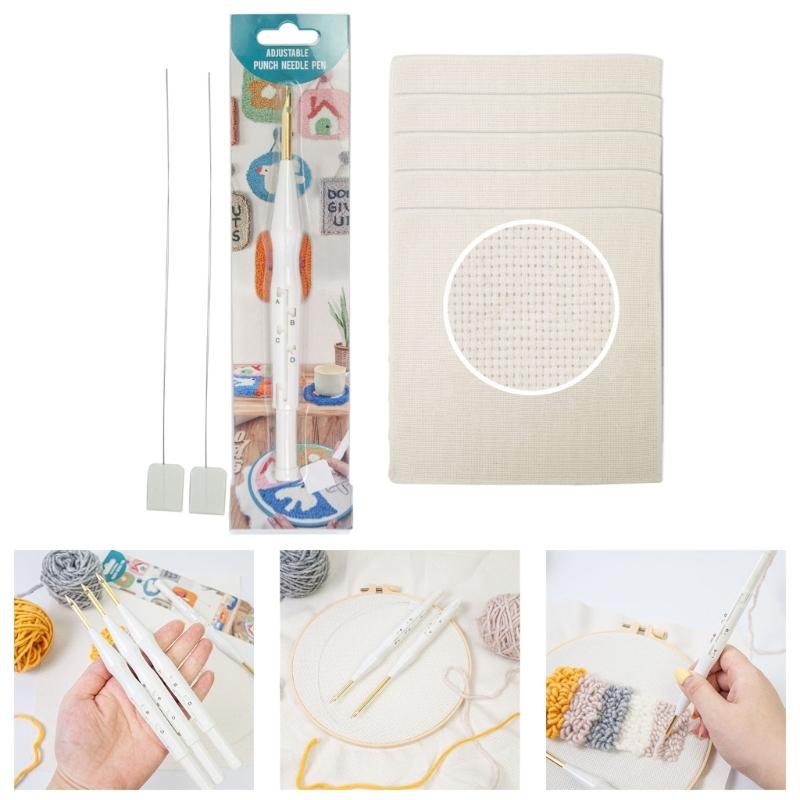 Adjustable Punching Needle Tool With 5 Embroidery Cloth and Threader 5mm Needle Tip For Embroidery Crafting Project