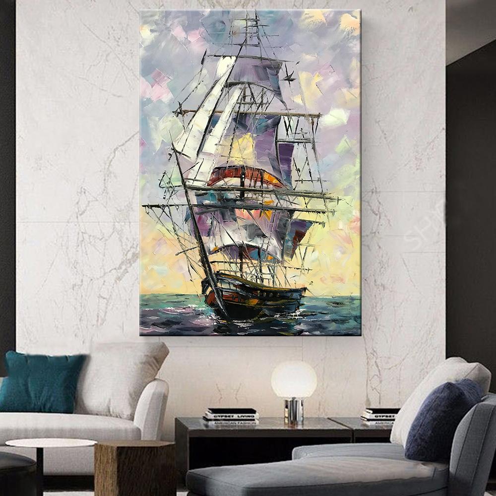 Abstract Ship Canvas Painting Sailing Wall Art Sail Boat Wall Art Seaside Wall Decor Sea Sunset Poster Living Room Decor Unframe