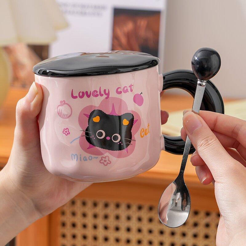 Girly Heart Kitten Mug Cute Milk Fufu Cartoon Household Water Cup with Cover for Birthday Gifts for Sisters and Friends