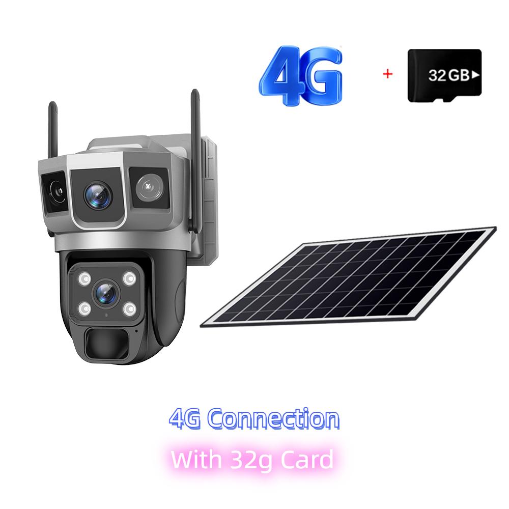 Solar-powered Surveillance Camera, HD 2-lens 3-screen Display, 10x Zoom, Automatic Human Detection Tracking, 4G/WIFI CCTV Recorder
