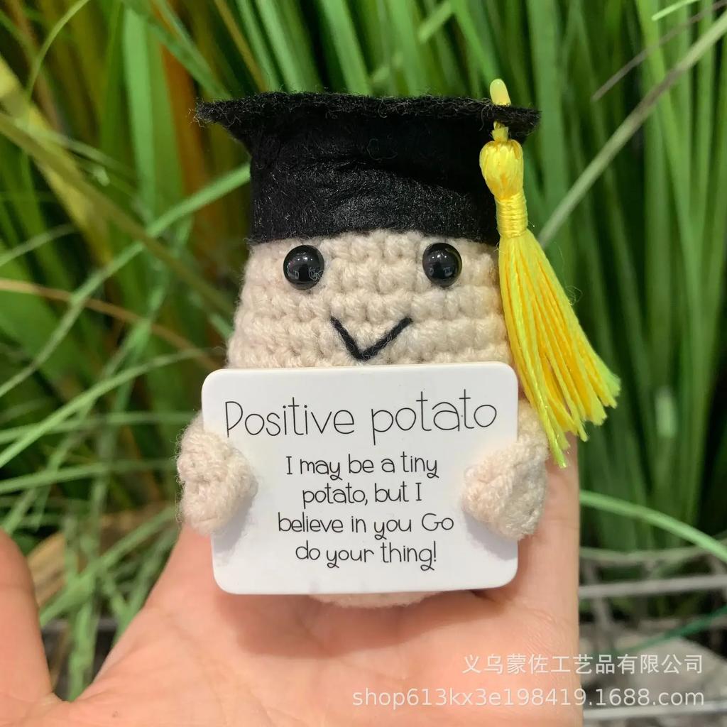 White Elephant Gifts Potato Mini Funny Knitted Wool Toy with Positive Card Cute Creative Life Doll Potato for Birthday Gift