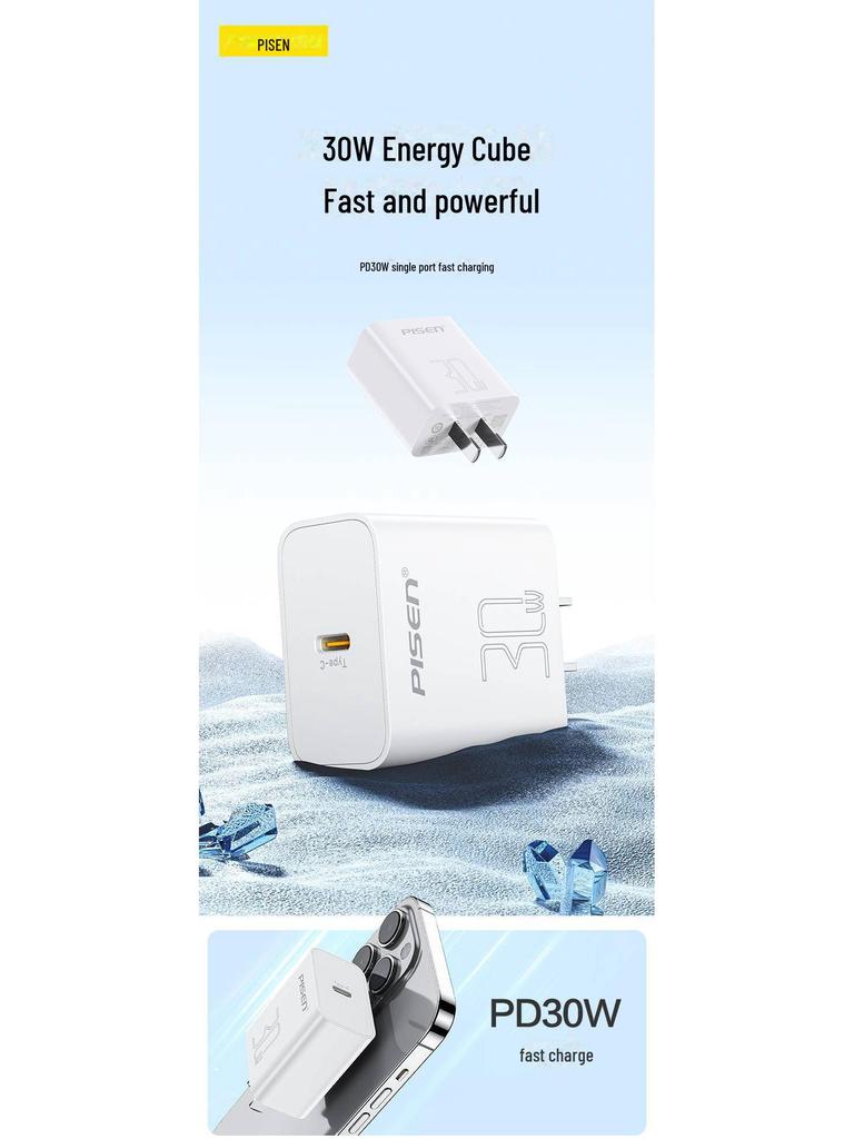 PISEN 30W PD Fast Charger with Type-C Cable for Apple 15 Pro Max and Android Devices
