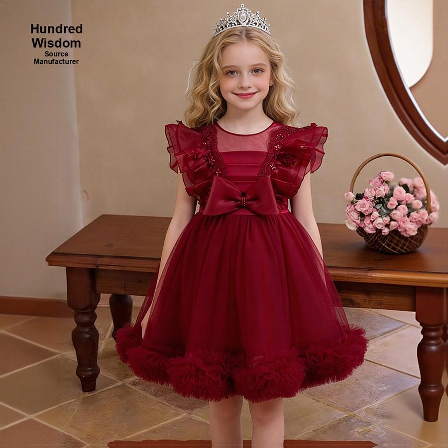 New Kids Net Lace Princess Dress with Frills, Large Size Girls' Birthday Outfit