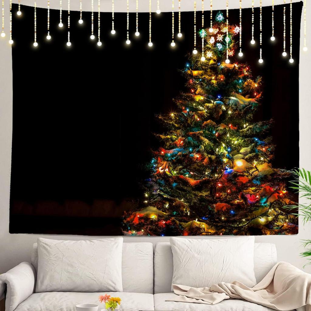 Christmas Wall Tapestry, Tree Wall Hanging Large Tapestry Decoration Polyester Fiber White Hem Around for Dorm Room Bedroom
