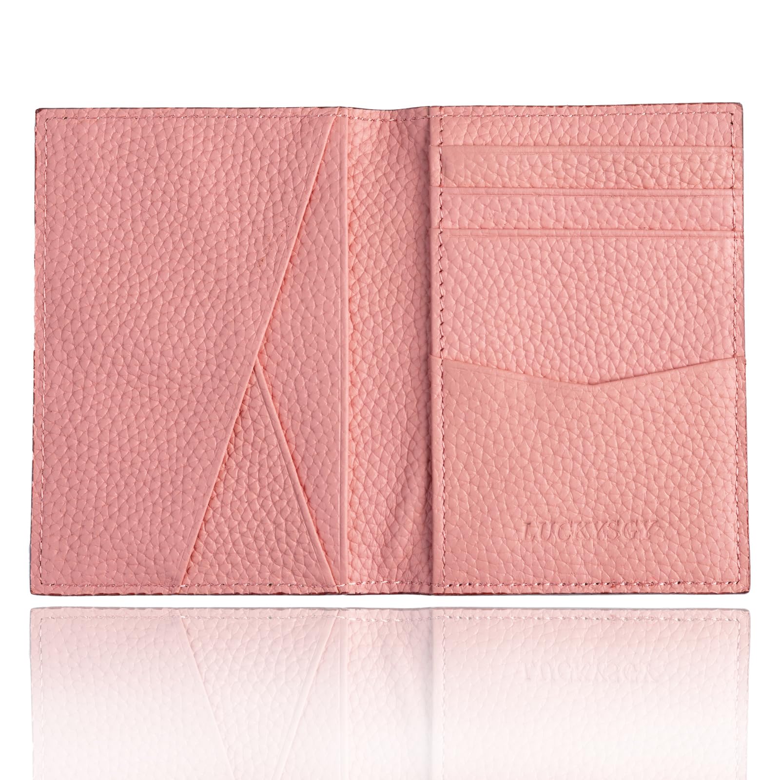 

[LUCKYSGY] Men s and Women s Genuine Leather Pass Case, Bifold Card Case, Slim Fit, Holds 10 Cards, Unisex, Gift Box Included (Lychee Pink)