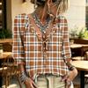 Women's Plaid Print V-Neck Blouse with Ruffle Trim, Tie Front and for Casual Wear