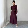 Women Blazer Midi Dress Long Sleeve Lapel Collar Double Breasted Belted Waist Elegant Office Business Dress Solid Color