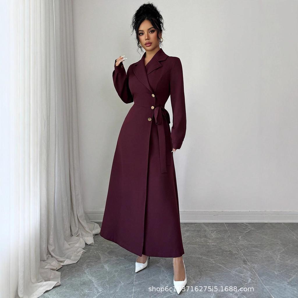 Women Blazer Midi Dress Long Sleeve Lapel Collar Double Breasted Belted Waist Elegant Office Business Dress Solid Color