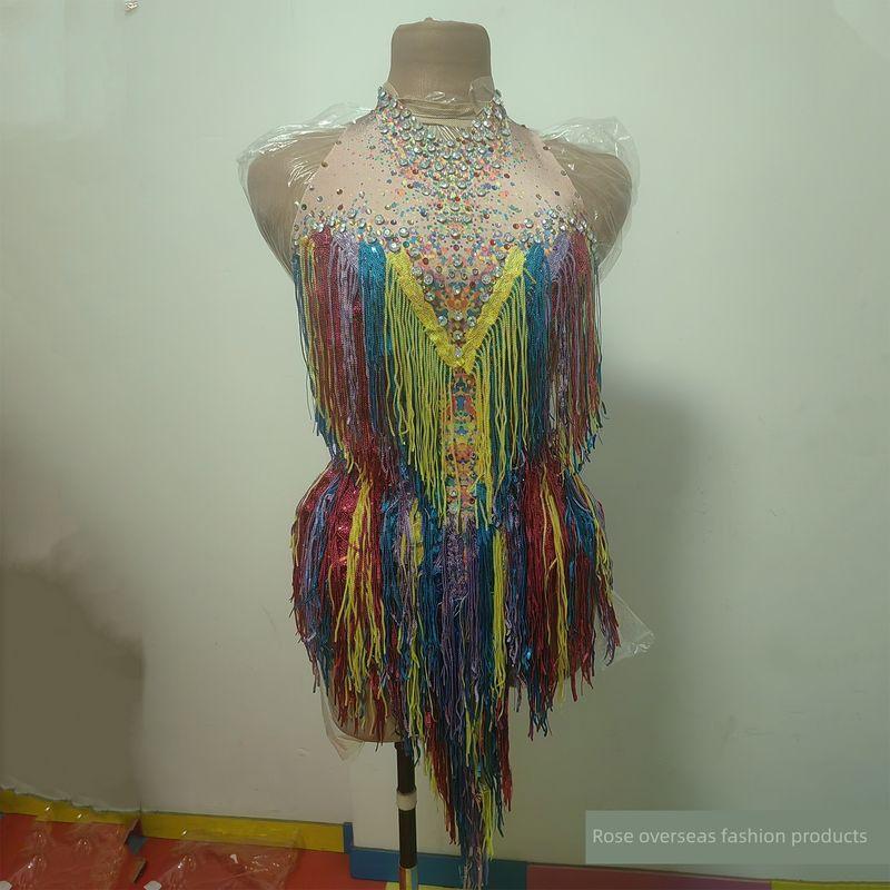 

Блестящий серебристый комбинезон с кисточками, длинными рукавами и высокой талией, одежда для талантливых выступлений в латиноамериканских танцах, сексуальный костюм для выступлений в ночном клубе гого Color Y5184 S