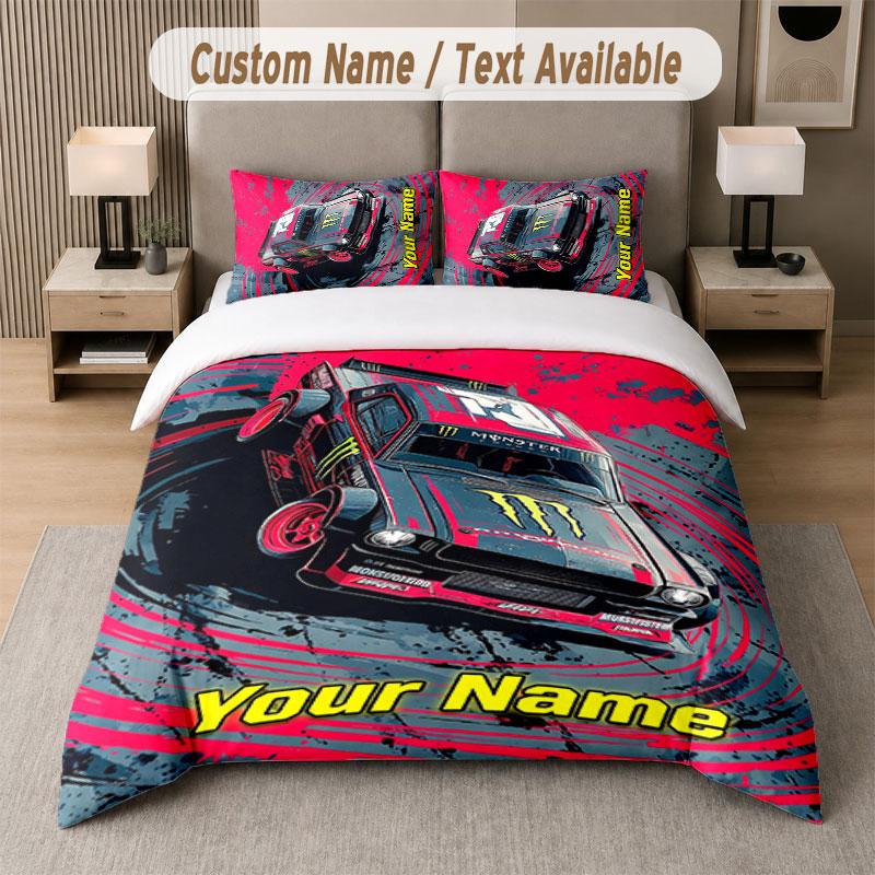 Set Biancheria da Letto Personalizzato Modello Monster Energy, Stampa Nome Testo 1 Copripiumino più 2 Federe Tessile per la Casa