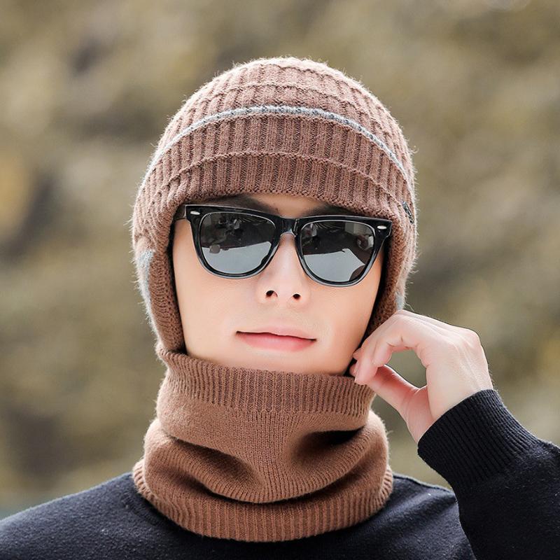 Strickmütze Schal Set Herren Winter Fleece Wolle Mütze Mittelalterliche und Ältere Dicke Warme Mütze