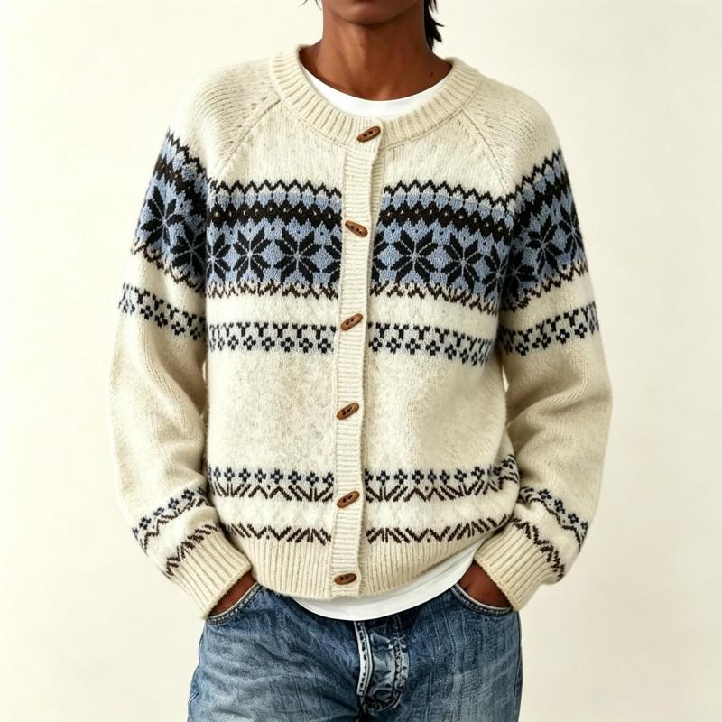 Womens Fair Isle Knit Cardigan Sweater Loose Fit Round Neck Button Front Long Sleeve 2026