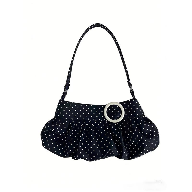 Retro Polka Dot Shoulder Bag Wooden Button Decor Handbag Pleated Design Soft Dumpling Bag Striped Pattern Casual Commuter Bag