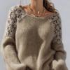 Damen Pullover mit Hohlmuster-Spitze, schulterfrei, Spitzenärmel-Patchwork, flauschig und elegant