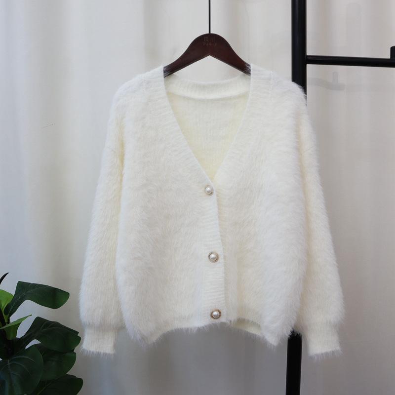 Solid color imitation mink velvet knitted cardigan autumn and winter new loose soft waxy high-end sweater jacket women
