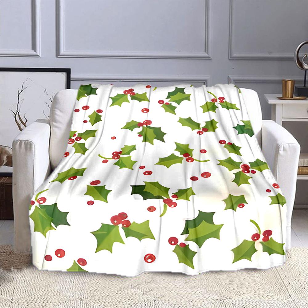 Festive Holly and Berry Pattern Patterned Flannel Blanket Perfect for the Bedroom Living Room, Sofa, or a Little Nap