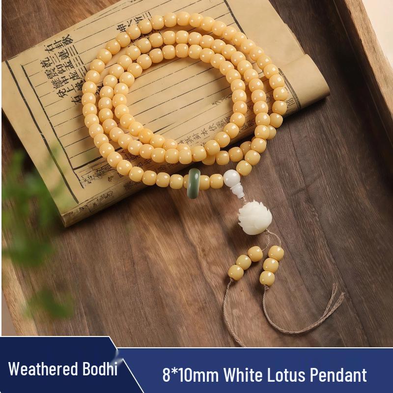 Zen Style Bodhi Root Bracelet with Lotus Pendant for Women, 108 Pink Beads