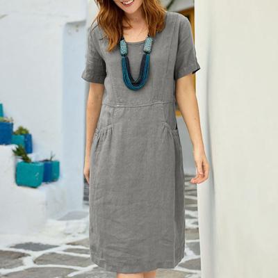 Summer Women Dress O Neck Solid Color Knee Length Loose Short Sleeves Side Pockets A-line Soft Breathable Casual Commute Dating Shopping Midi Dress