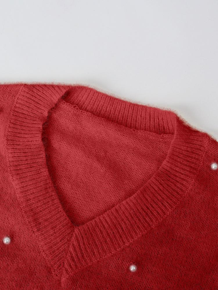2025 A/W V-Neck Beaded Solid Color Sweater for Women