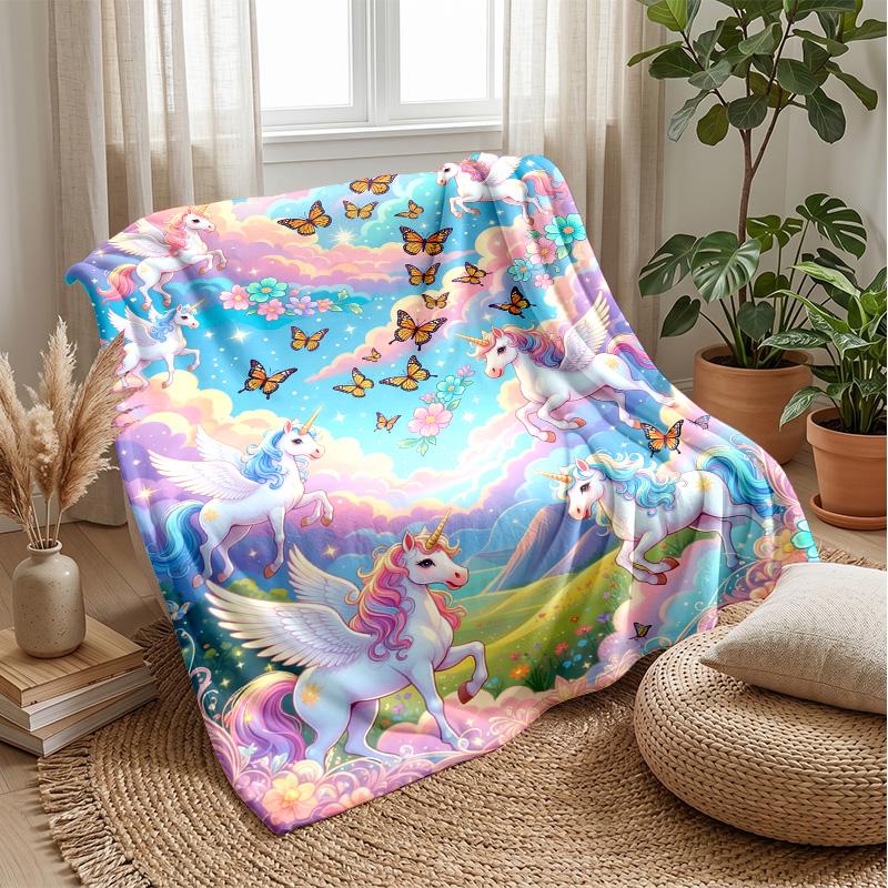 Fantasy Unicorns and Balloons Theme Blanket Lightweight Warm Flannel Blanket Decorative Throw Blanket for Home Decoration