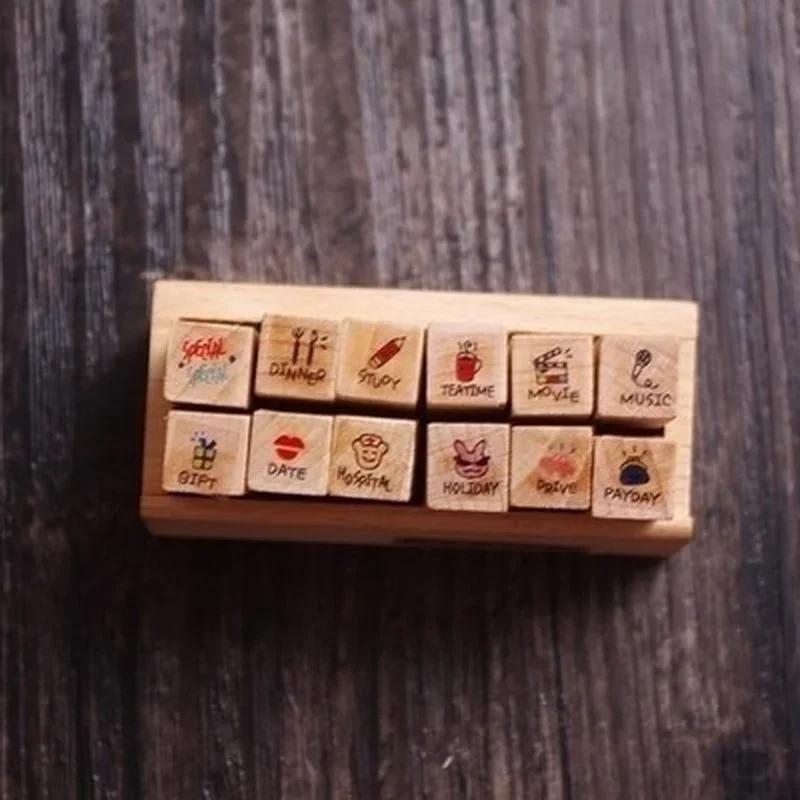 12pcs/Set Vintage Weather Diary Stamps DIY Wooden Assorted Stamps for Scrapbooking Stationery School Supplies