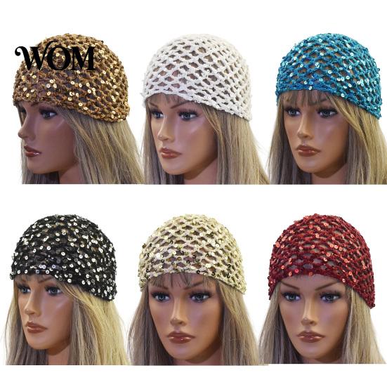 Lightweight Breathable Headwear Fishnet Hat for Women, Mesh Knitting with Hollow Sequin Design, Elastic Fit Hand-Woven Daily Wear