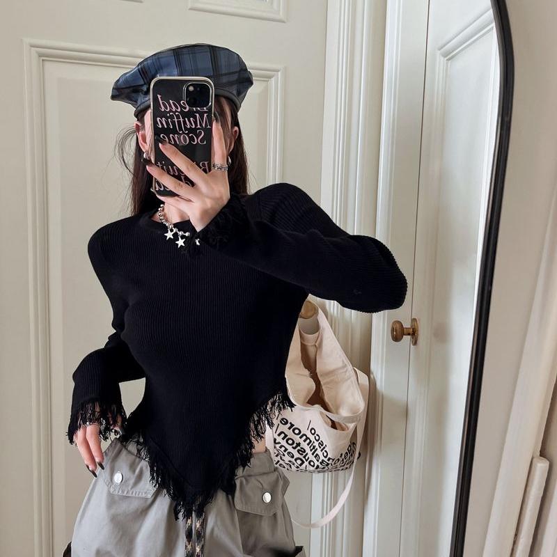 Tassel T Shirt Korean Style Solid Color Crop Top Autumn Long Sleeve Tees Slim Fashion Tshirts Femme O-neck Clothes Japanese