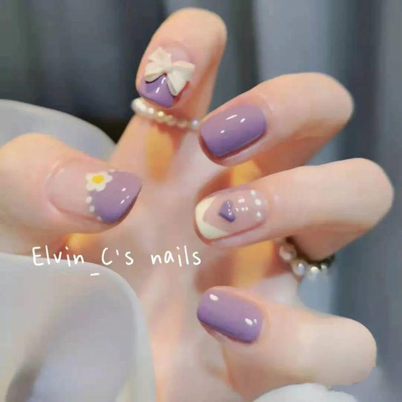 

[Handmade Manicure] Handmade Nail Tip Nail Stickers Fake Nails Show White Purple Color Bows Wear Nail Purple gray flower special small XS