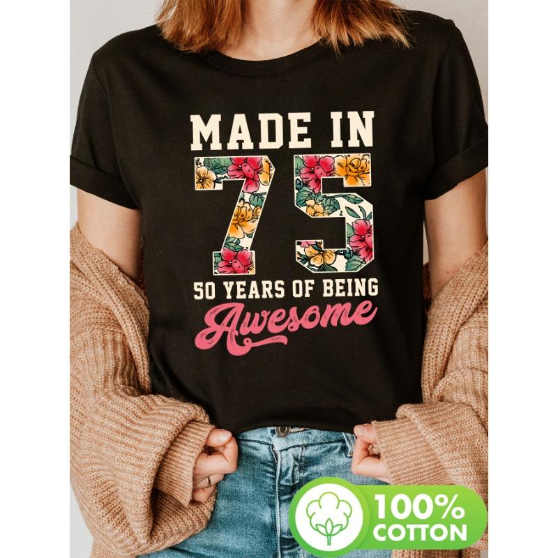 

Women s Floral 50th Birthday Print Tee Crew Neck Short Sleeve Summer Spring Casual Top S чёрный