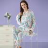 Autumn Cartoon Ice Silk Pajamas Women'S Spring And Summer Simulated Silk Cardigan Trousers Plaid Small Fresh Loungewear