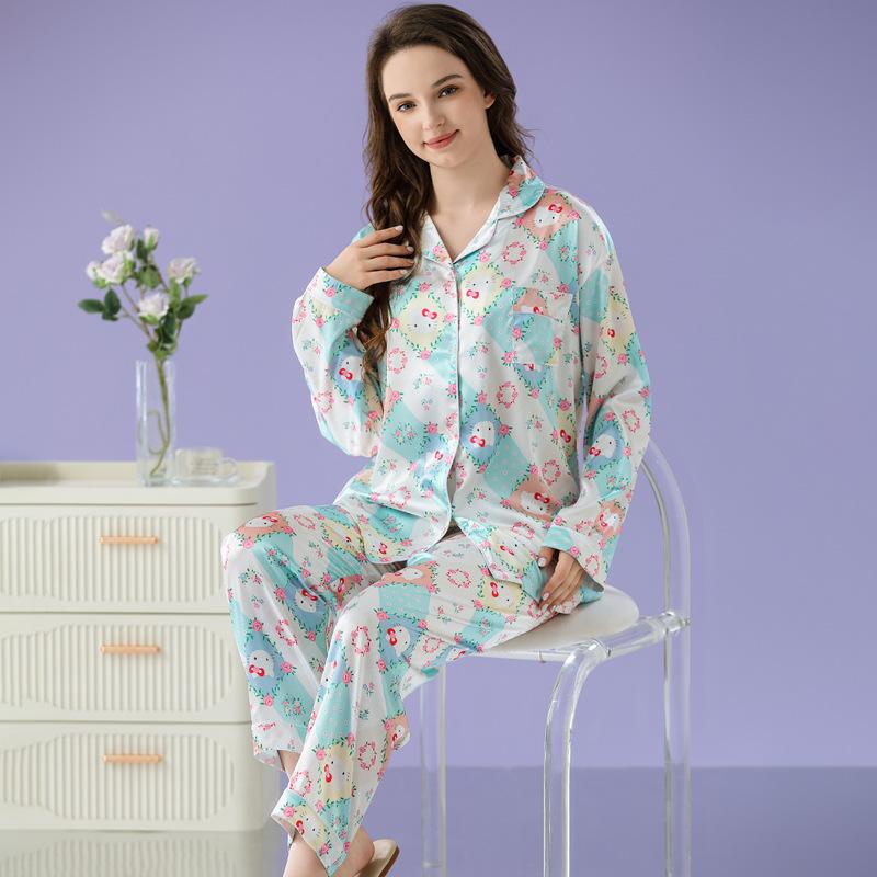 Autumn Cartoon Ice Silk Pajamas Women'S Spring And Summer Simulated Silk Cardigan Trousers Plaid Small Fresh Loungewear
