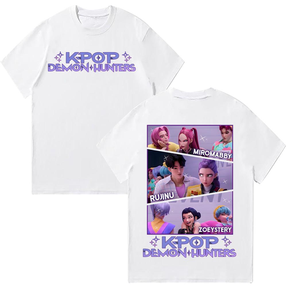 

Kpop Охотники на демонов BABY HUNTRIX Saja Футболки для мальчиков Летний топ с коротким рукавом Женская и мужская одежда Хлопок Унисекс Графические футболки Мода S белый