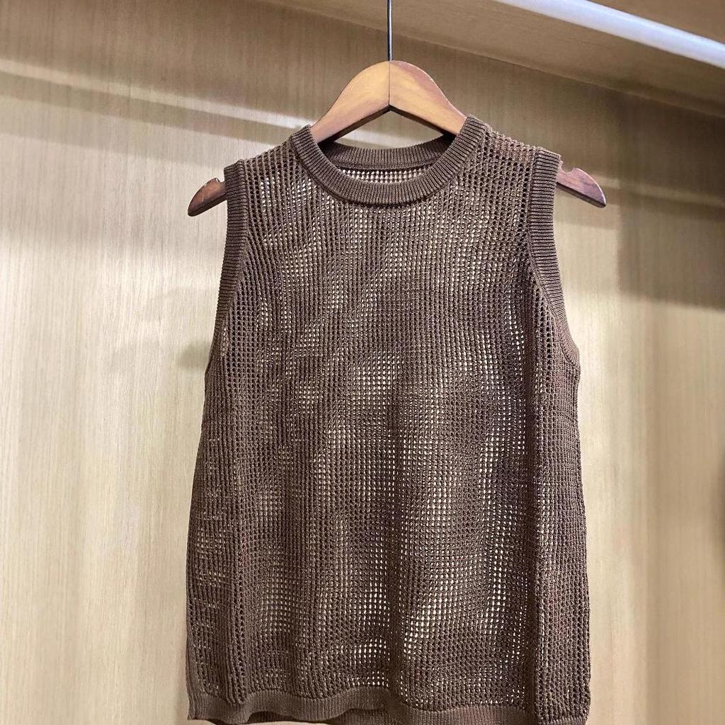 2025 Women's Sleeveless Knitted Mesh Cutout Round Neck Vest - Versatile Spring/Summer Top