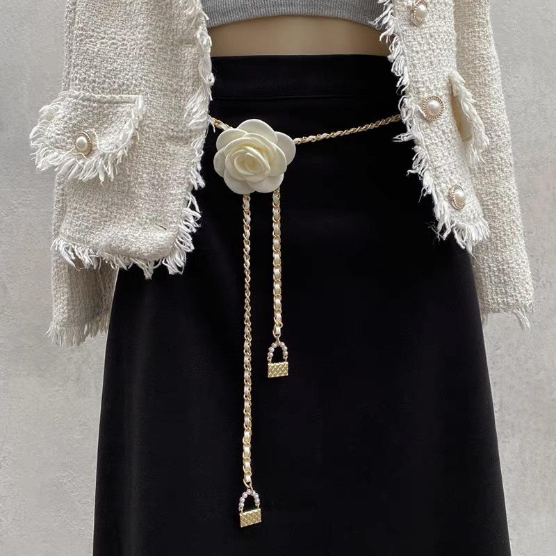 Camellia Pearl Flower Waist Chain Belt - Korean High-End Style for Women